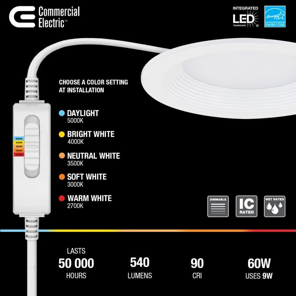 Commercial Electric Slim Baffle 4 in. Color Selectable New Construction and Remodel Canless Recessed Integrated LED Kit (4-Pack) - Image 2
