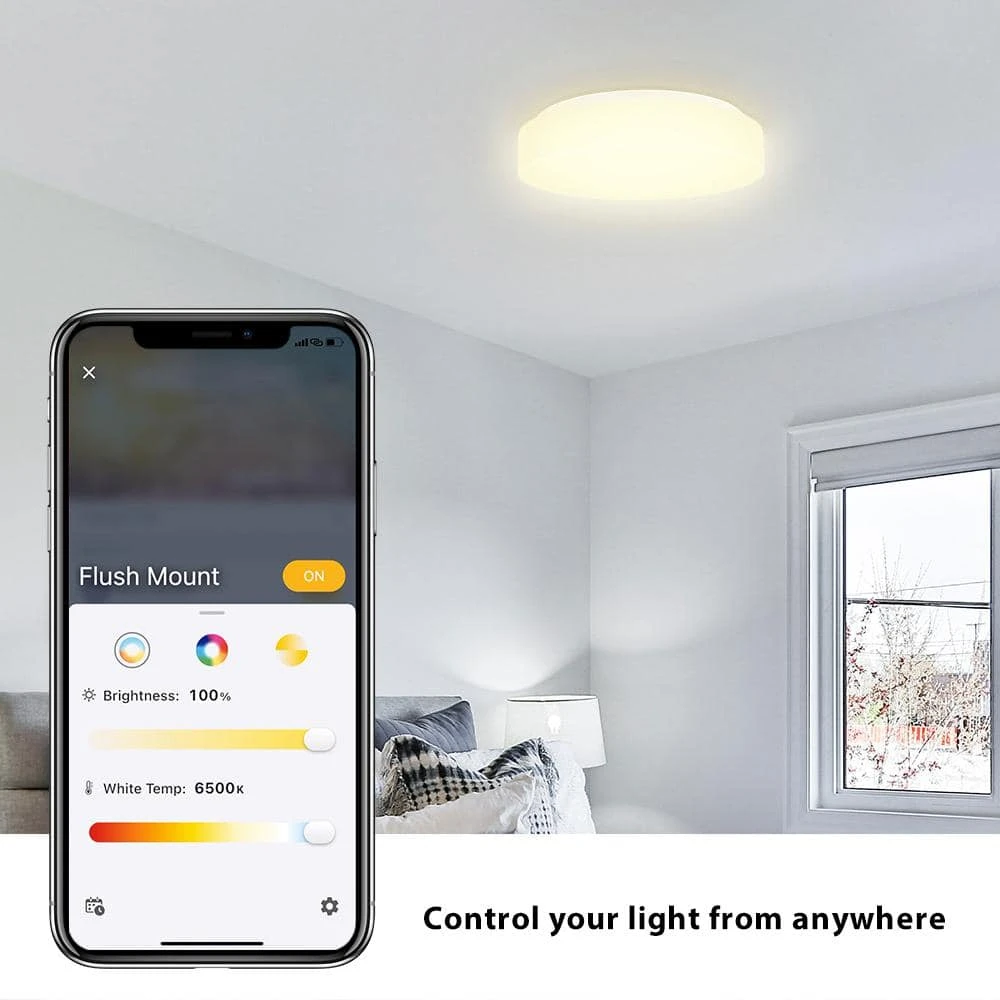 Commercial Electric 11 in. White Smart Hubspace CCT and RGB Selectable LED Flush Mount Puff - Image 5