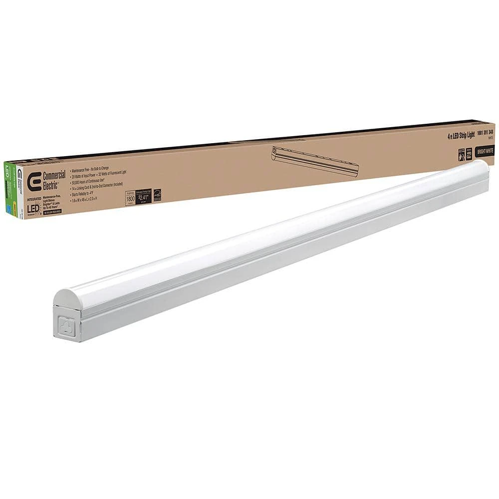 Commercial Electric Plug In or Direct Wire Power Connection 4 ft. White 4000K Integrated LED Strip Light (with Power Cord and Linking Cord)