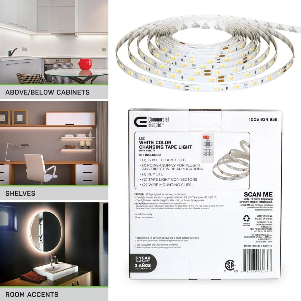 Commercial Electric 16 ft. LED Tunable White Tape Light Kit- Under Cabinet Light - Image 5